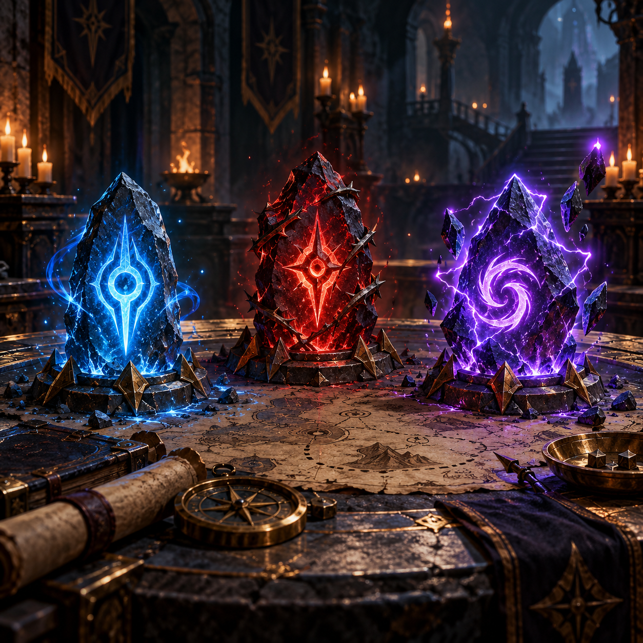 Three glowing rune stones representing Mythic Plus affixes