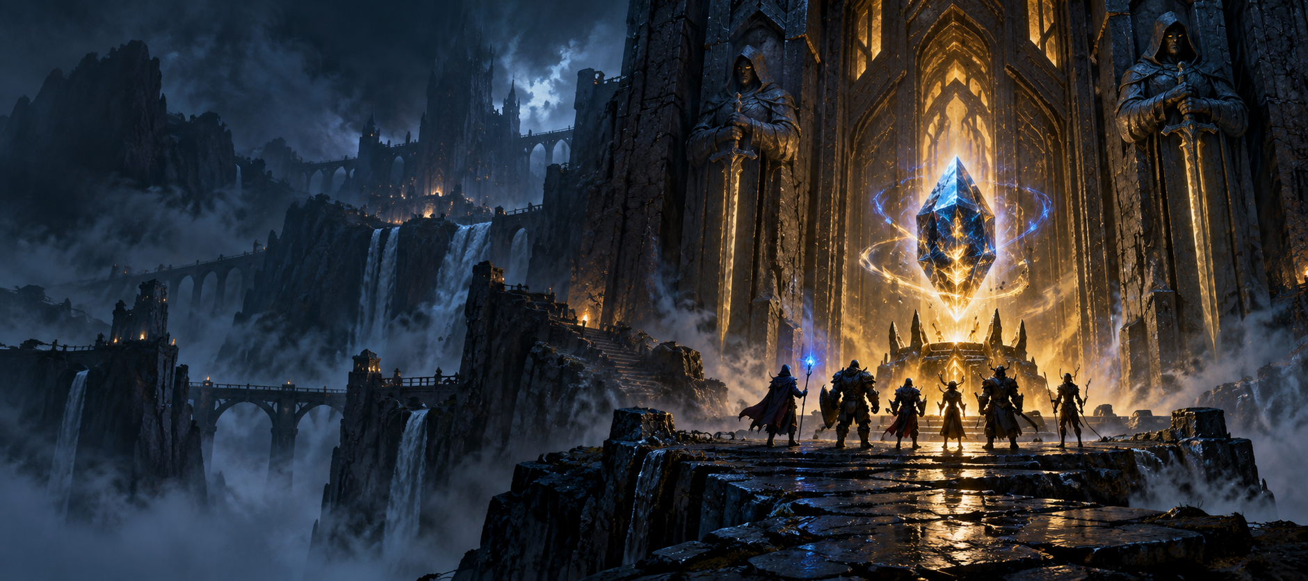 Adventurers standing outside a dungeon with a glowing keystone
